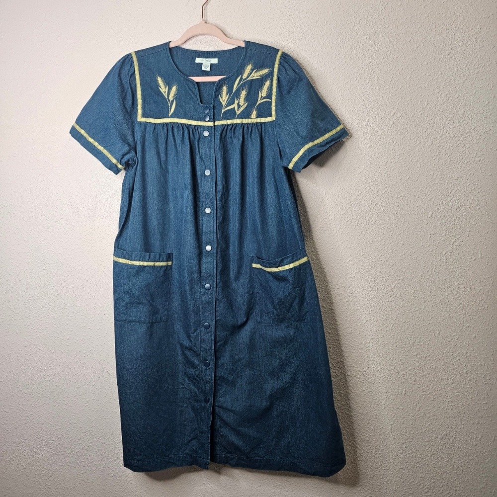 Go Softly Patio Womens Blue Denim Wheat Embroidered Button Front‎ House Dress M
